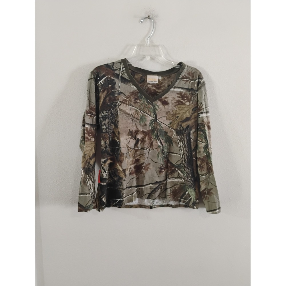 SHE Safari Womens Camo Long Sleeve T-Shirt V-Neck Hunting Top Green Brown Size M